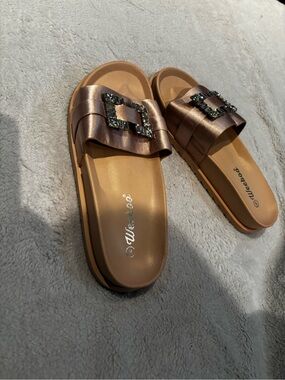 Wiccaco Metallic Bronze Buckle Slide Mules